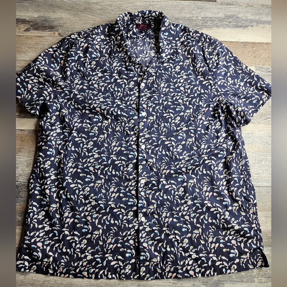 J. Crew X Liberty Fabrics SS Fish Pattern Short Sleeve Button Down Large